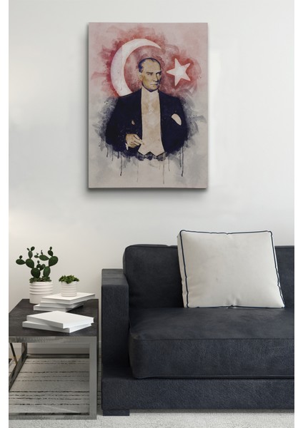 Mustafa Kemal Atatürk ve Türk Bayrağı Suluboya Görünümlü Dekoratif Kanvas Tablo