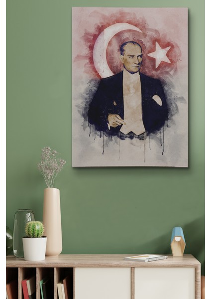 Mustafa Kemal Atatürk ve Türk Bayrağı Suluboya Görünümlü Dekoratif Kanvas Tablo