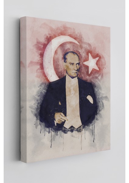 Mustafa Kemal Atatürk ve Türk Bayrağı Suluboya Görünümlü Dekoratif Kanvas Tablo
