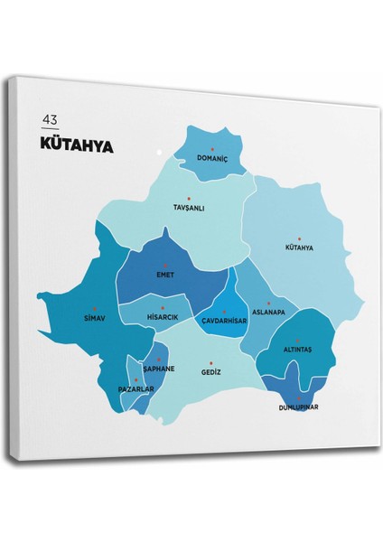 Kütahya Ili ve Ilçeler Haritası Dekoratif Kanvas Tablo 1408
