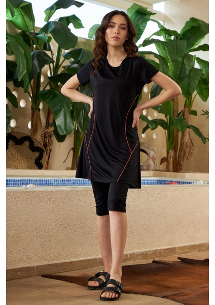 Yarı Kapalı Mayo Kısa Kollu Turuncu Çizgili R015 Siyah fiyatları