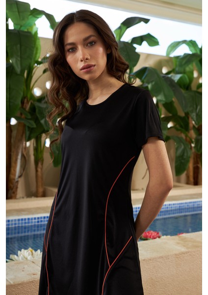 Yarı Kapalı Mayo Kısa Kollu Turuncu Çizgili R015 Siyah modelleri