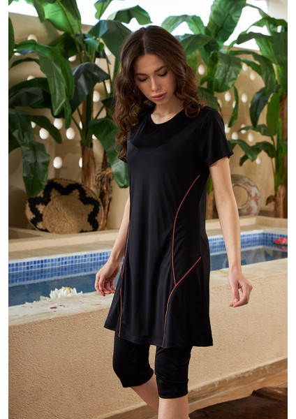 Yarı Kapalı Mayo Kısa Kollu Turuncu Çizgili R015 Siyah fırsatları