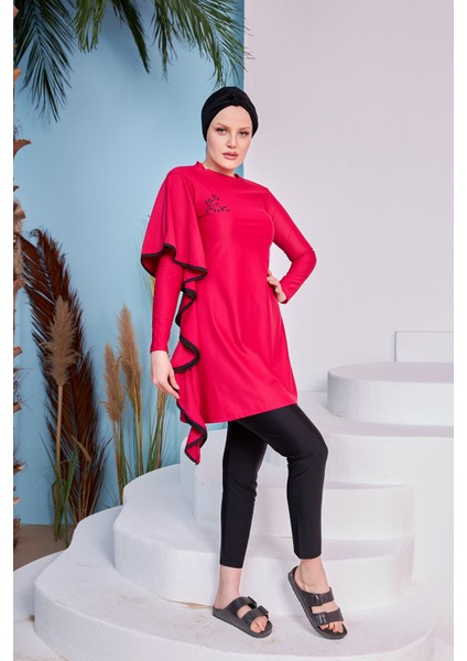 Likralı Tam Kapalı Tesettür Mayo Tuna Bordo 2239