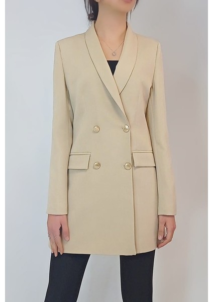 Kadın Açık Kahverengi Gold Düğmeli Astarlı Blazer Ceket YY101029
