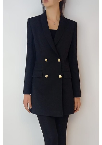 Kadın Siyah Gold Düğmeli Astarlı Blazer Ceket YY101029