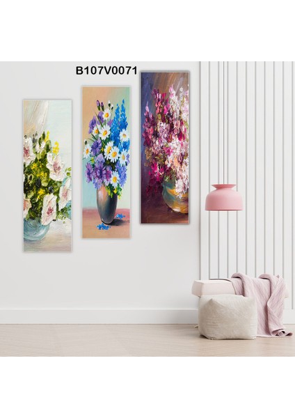 3'lü 19X60 Çiçek Desenli Dijital Baskılı Dekoratif Ahşap Tablo