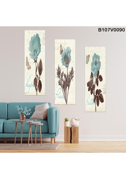 Mavi Çiçek Desenli Baskılı Dekoratif Ahşap Tablo 3'lü 19X60