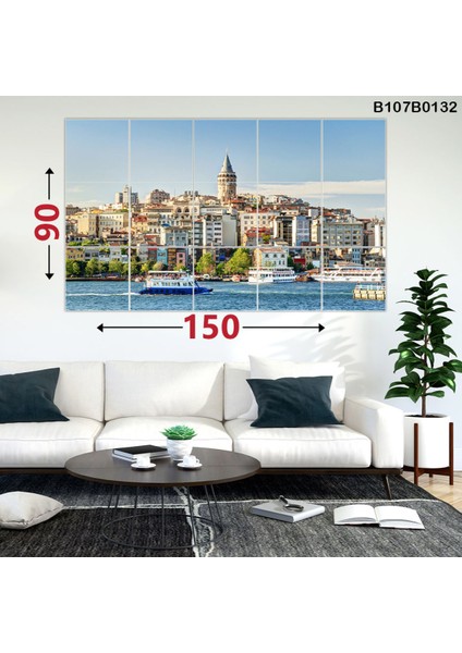 Galata Kulesi Manzaralı 15 Parçalı Ahşap Duvar Tablo Seti 90X150