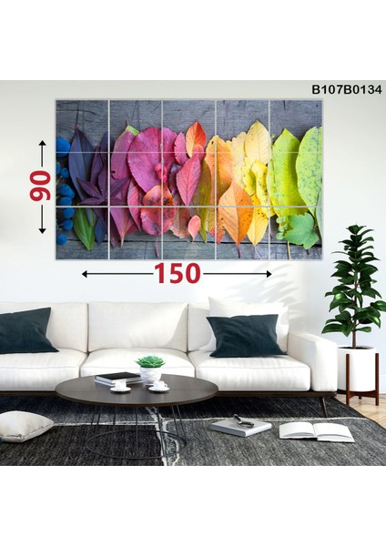 Renkli Yaprak Desenli Modern 15 Parçalı Ahşap Tablo Seti 90X150