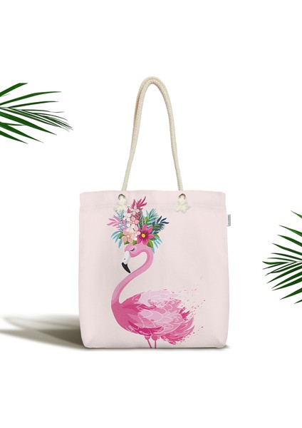 Pembe Flamingo Motifli Dijital Baskılı Fermuarlı Kumaş Plaj Çantası