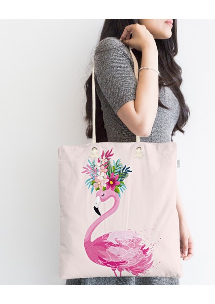 Pembe Flamingo Motifli Dijital Baskılı Fermuarlı Kumaş Plaj Çantası