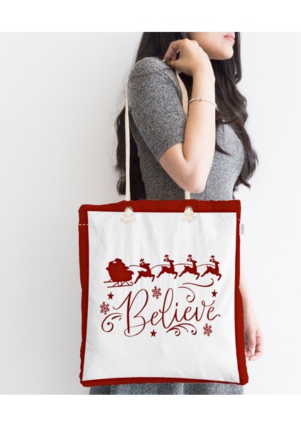 Believe Temalı Noel Baba ve Geyikleri Özel Tasarım Fermuarlı Kumaş Omuz Çantası