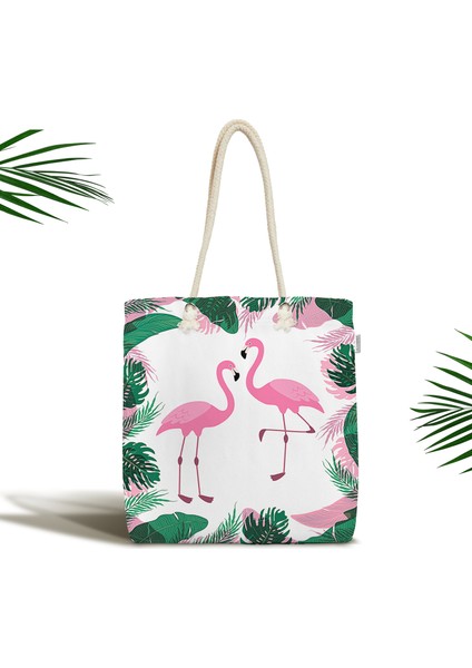 Tropik Yaprak Flamingo Özel Tasarımlı Dijital Baskılı Fermuarlı Kumaş Plaj Çantası