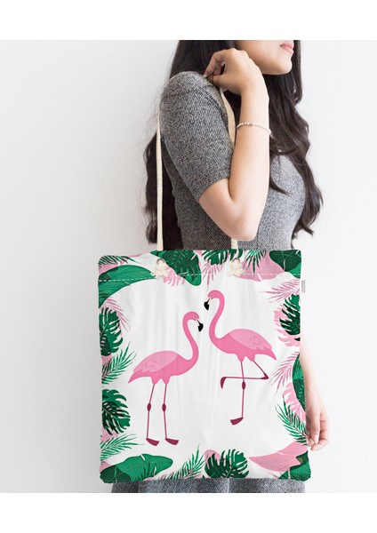 Tropik Yaprak Flamingo Özel Tasarımlı Dijital Baskılı Fermuarlı Kumaş Plaj Çantası