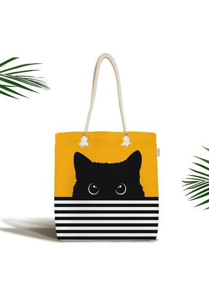 Sarı Zemin Çizgili Motif Kara Kedi Tasarımlı Modern Fermuarlı Kumaş Plaj Çantası
