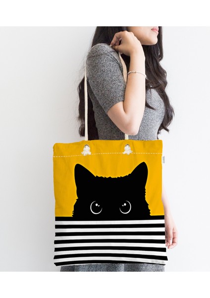 Sarı Zemin Çizgili Motif Kara Kedi Tasarımlı Modern Fermuarlı Kumaş Plaj Çantası fiyatları
