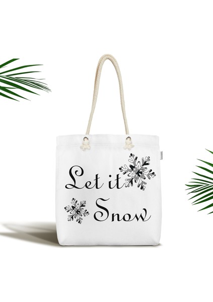 Siyah Beyaz Let It Snow Temalı Dijital Baskılı Fermuarlı Kumaş Plaj Çantası