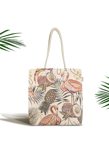 Flamingo Ananas Özel Tasarımlı Dekoratif Fermuarlı Kumaş Plaj Çantası