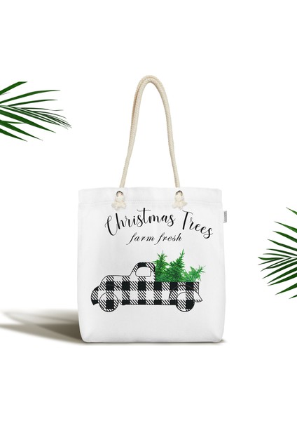 Christmas Temalı Ekose Arabalı Modern Fermuarlı Kumaş Plaj Çantası