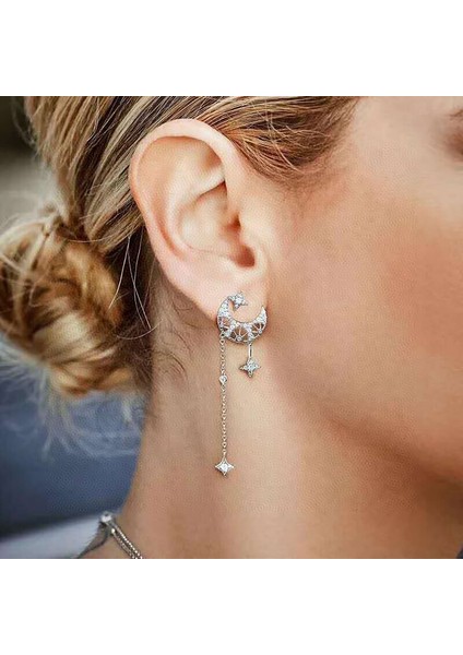 Yıldız Ay Püskül Uzun Küpe Tek 925 Ayar Gümüş Mikro Kakma Zirkon Nefis Moda Zarif High End Bayan Modeli | Saplama Küpe (Yurt Dışından)