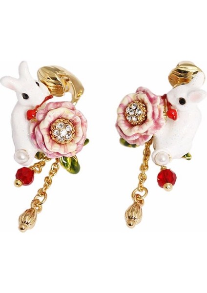 Three Beans Sevimli Tavşan Küpe Gül Beyaz Kar Bunny Küpe Çiçek Pastoral Tarzı Eardrop El Sanatları Takı | Saplama Küpe (Yurt Dışından)