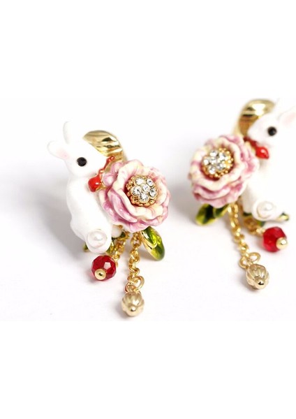 Three Beans Sevimli Tavşan Küpe Gül Beyaz Kar Bunny Küpe Çiçek Pastoral Tarzı Eardrop El Sanatları Takı | Saplama Küpe (Yurt Dışından)