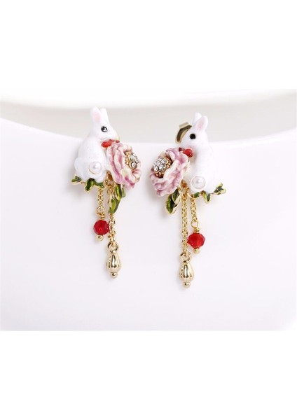Three Beans Sevimli Tavşan Küpe Gül Beyaz Kar Bunny Küpe Çiçek Pastoral Tarzı Eardrop El Sanatları Takı | Saplama Küpe (Yurt Dışından)