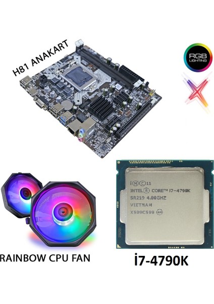 H81 1150 Pin I7-4790K Işlemci Rgb Cpu Fan Anakart Set