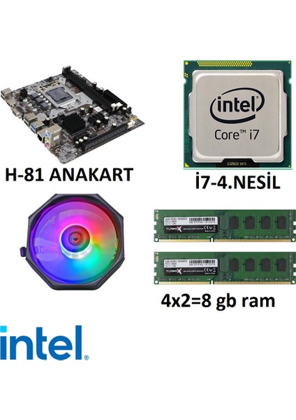 H81 1150 Pin I7-4.nesil Işlemci 8 GB Ram Rgb Cpu Fan Anakart Set