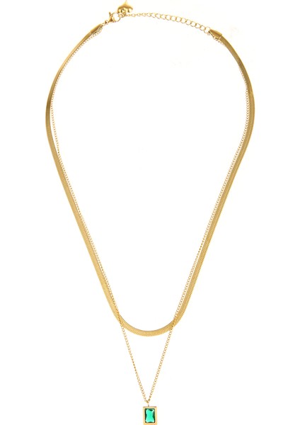 Gold Rengi Çift Zincir Yeşil Baget Taşlı Çelik Kolye SUJ13 fiyatları