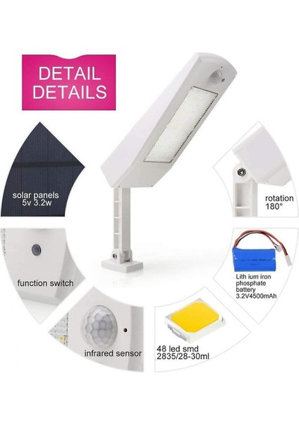48 LED 4500 Mah Güneş Işık 900LM IP65 Ayarlanabilir Destekli Su Geçirmez Açık Lamba Siyah, 120 Hareket Sensörü Işıkları (Beyaz) (Yurt Dışından) fiyatları