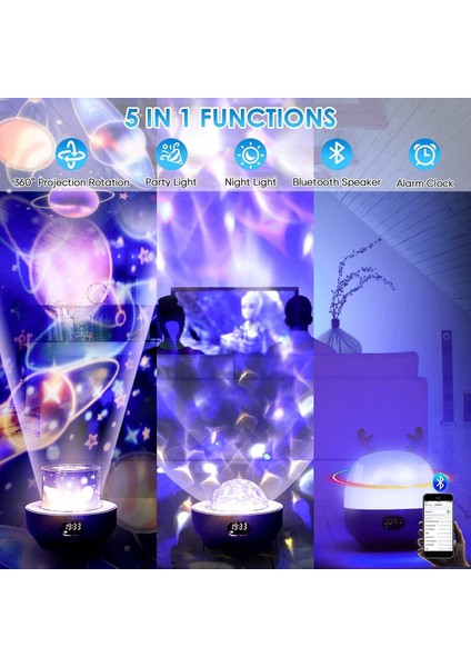 LED Yıldızlı Gökyüzü Projektör Çocuk Gece Lambası, Galaxy Projektör 360 ° Dönme, Bluetooth Hoparlör, Saat ve Alarmlı Işıkların 7 Renkleri, (Beyaz) (Yurt Dışından)