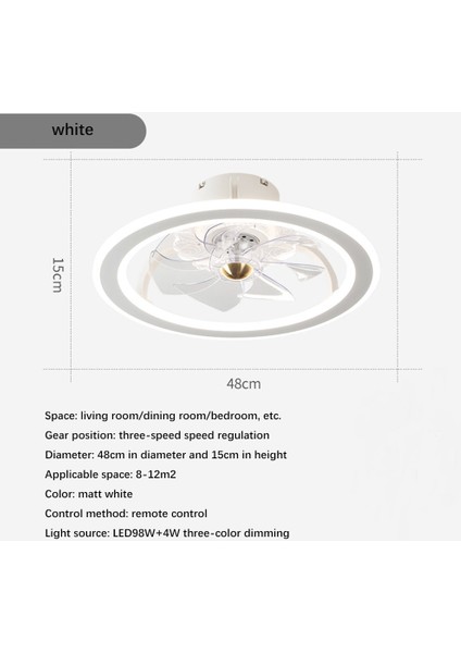 48 cm Yatak Odası Tavan Fanı Lambası, 220VLED Üç Hızlı Hız Düzenleme, Modern Çocuk Odası Oturma Odası Yemek Odası ile Fan Işık, Beyaz (Yurt Dışından)