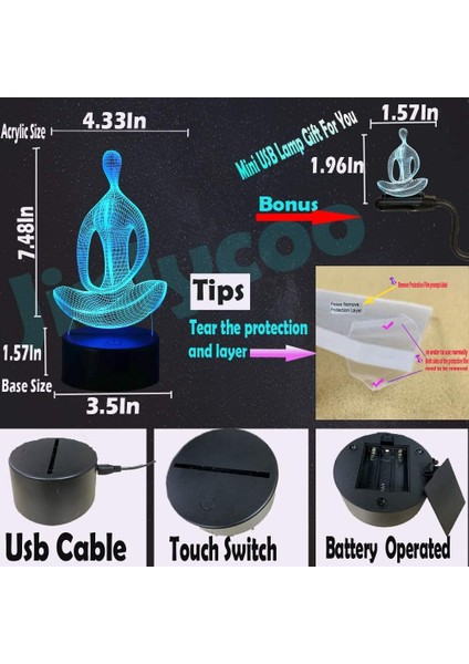 Meditasyon Yoga Catoon Şekli Gece Lambası 3D Optik Illusion Işıkları 7-Renk Akıllı Dokunmatik Düğme Kontrol Masa Lambası Dekor Odası Tatil Crea (Yurt Dışından)