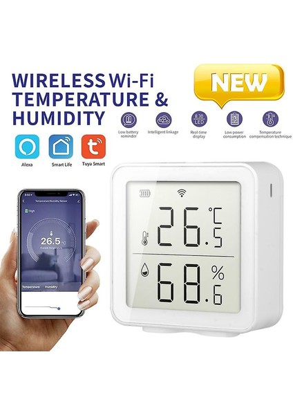 Akıllı Ev Wifi Kablosuz Sıcaklık Nem Sensörü LCD Termometre Kapalı Termometre Higrometre Beyaz (Yurt Dışından)