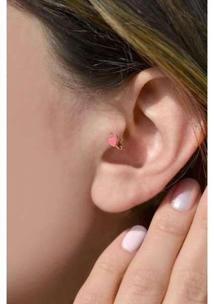 Sacce Scarves&Accessories Pembe Kalpli Halka Tragus Piercing Kıkırdak Küpesi