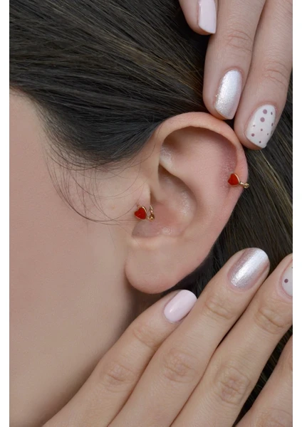 Sacce Scarves&Accessories Kırmızı Kalpli Halka Tragus Piercing Kıkırdak Küpesi