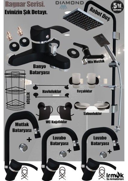 Mutfak, Lavabo, Banyo Bataryası Robot Duş Takımı Siyah Renk Armatür, Musluk Seti Batarya Banyo Seti