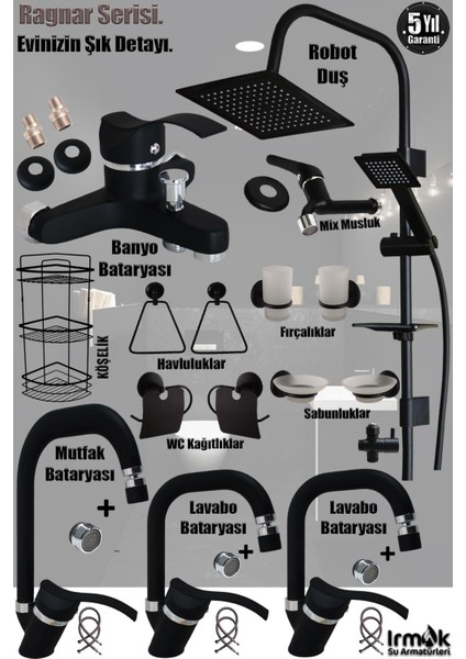 Mutfak, Lavabo, Banyo Bataryası Siyah Renk Eviye Musluk Armatür Robot Duş Banyo Seti Lavabo Ragnar