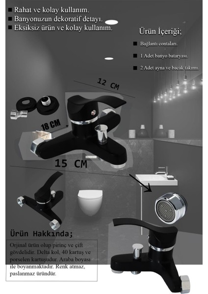 Lavabo, Mutfak, Banyo Bataryası Siyah Eviye Musluk Armatür Robot Duş Seti Batarya Duş Seti L Ragnar