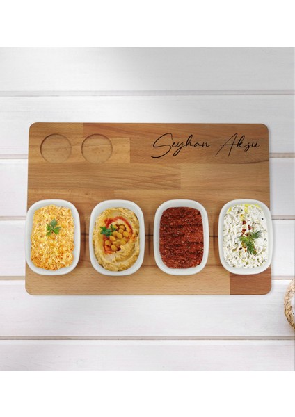 Kişiye Özel Çelenk Baş Harfli Isimli 2’li Rakı Bardağı ve Meze Tabaklı Doğal Masif Ahşap Servis Sunum Tepsisi Model 4 fırsatları