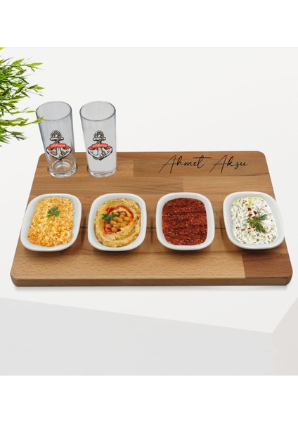 Kişiye Özel Çapa Tasarımlı 2’li Rakı Bardağı ve Meze Tabaklı Doğal Masif Ahşap Servis Sunum Tepsisi Model 3