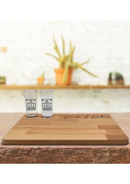 Kişiye Özel 2’li Rakı Bardağı ve Doğal Masif Ahşap Servis Sunum Tepsisi Model 21