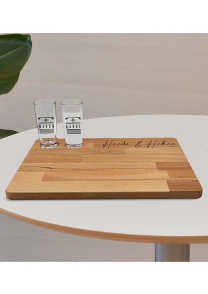 Kişiye Özel 2’li Rakı Bardağı ve Doğal Masif Ahşap Servis Sunum Tepsisi Model 21 fiyatları
