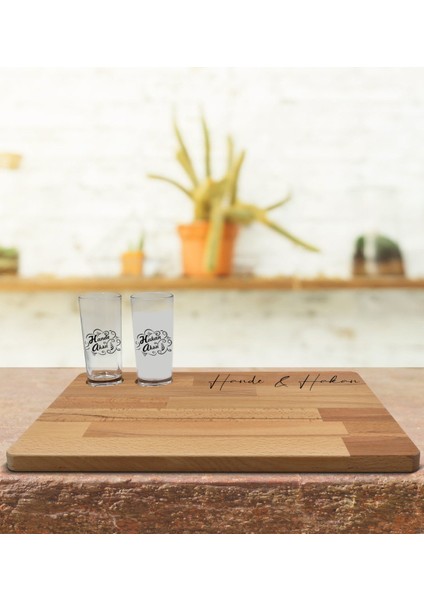 Kişiye Özel 2’li Rakı Bardağı ve Doğal Masif Ahşap Servis Sunum Tepsisi Model 5