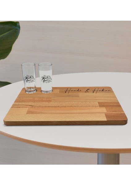 Kişiye Özel 2’li Rakı Bardağı ve Doğal Masif Ahşap Servis Sunum Tepsisi Model 5 fiyatları