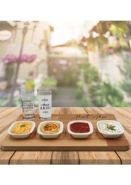 Kişiye Özel Gözlerin Gözlerime Değince Tasarımlı 2’li Rakı Bardağı ve Meze Tabaklı Doğal Masif Ahşap Servis Sunum Tepsisi Model 1