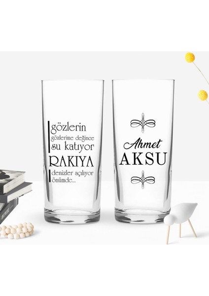 Kişiye Özel Gözlerin Gözlerime Değince Tasarımlı 2’li Rakı Bardağı ve Meze Tabaklı Doğal Masif Ahşap Servis Sunum Tepsisi Model 1 modelleri
