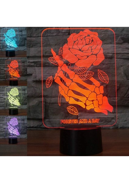 3D Kafatası Gül Çiçek Gece Lambası 7 Renk Değişimi LED Tablosu (Yurt Dışından)